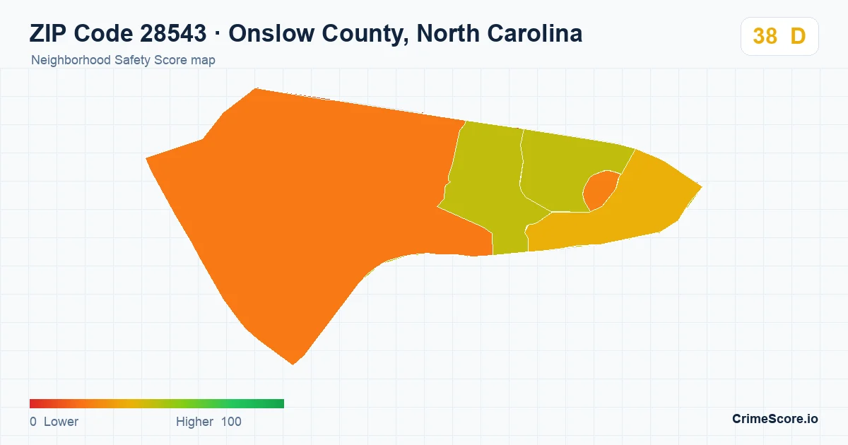 ZIP Code 28543 in Onslow County, North Carolina neighborhood Safety Score map