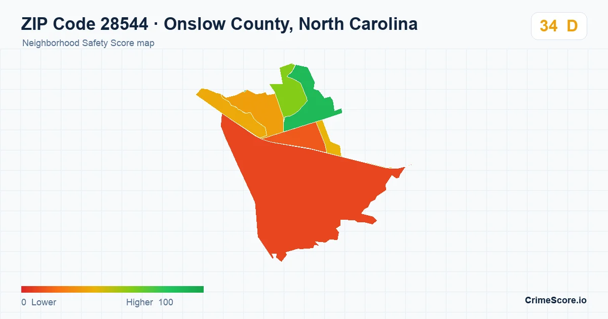 ZIP Code 28544 in Onslow County, North Carolina neighborhood Safety Score map
