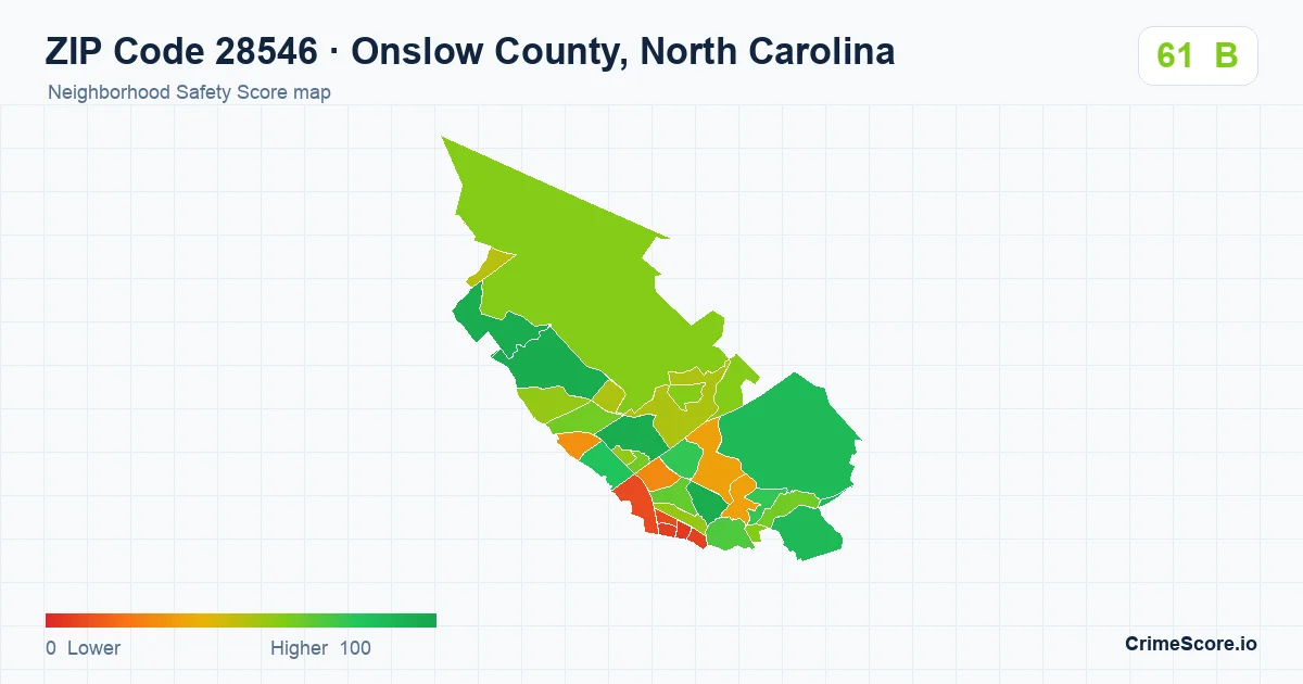ZIP Code 28546 in Onslow County, North Carolina neighborhood Safety Score map