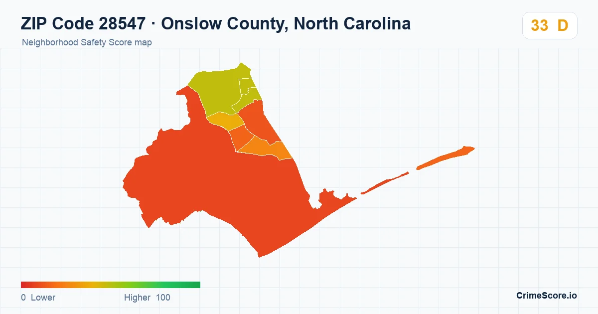 ZIP Code 28547 in Onslow County, North Carolina neighborhood Safety Score map