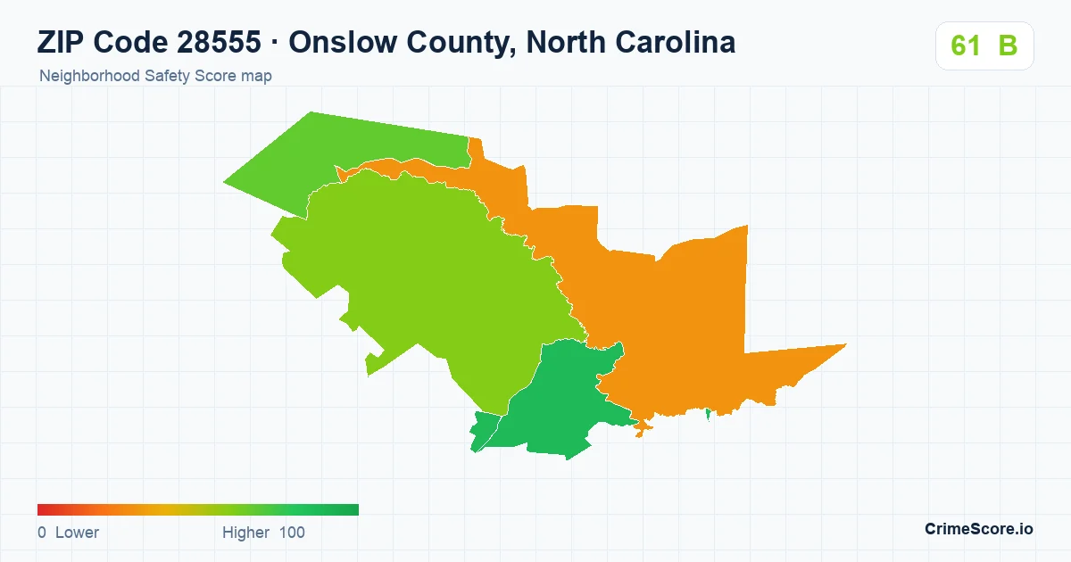 ZIP Code 28555 in Onslow County, North Carolina neighborhood Safety Score map