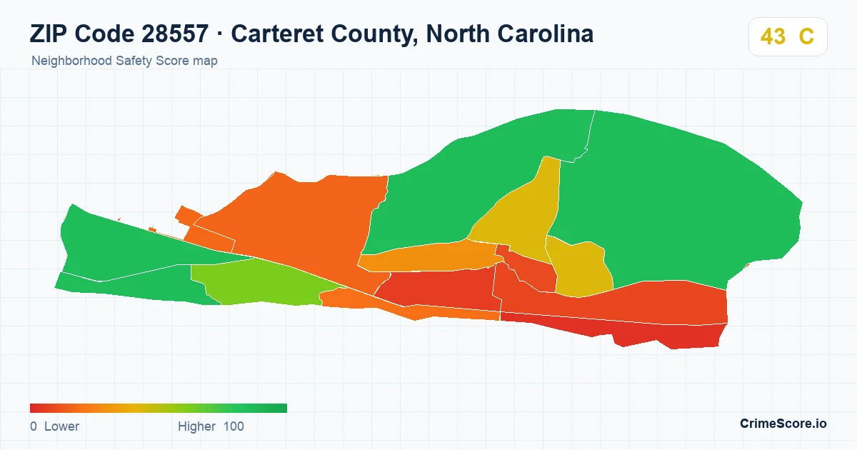 ZIP Code 28557 in Carteret County, North Carolina neighborhood Safety Score map