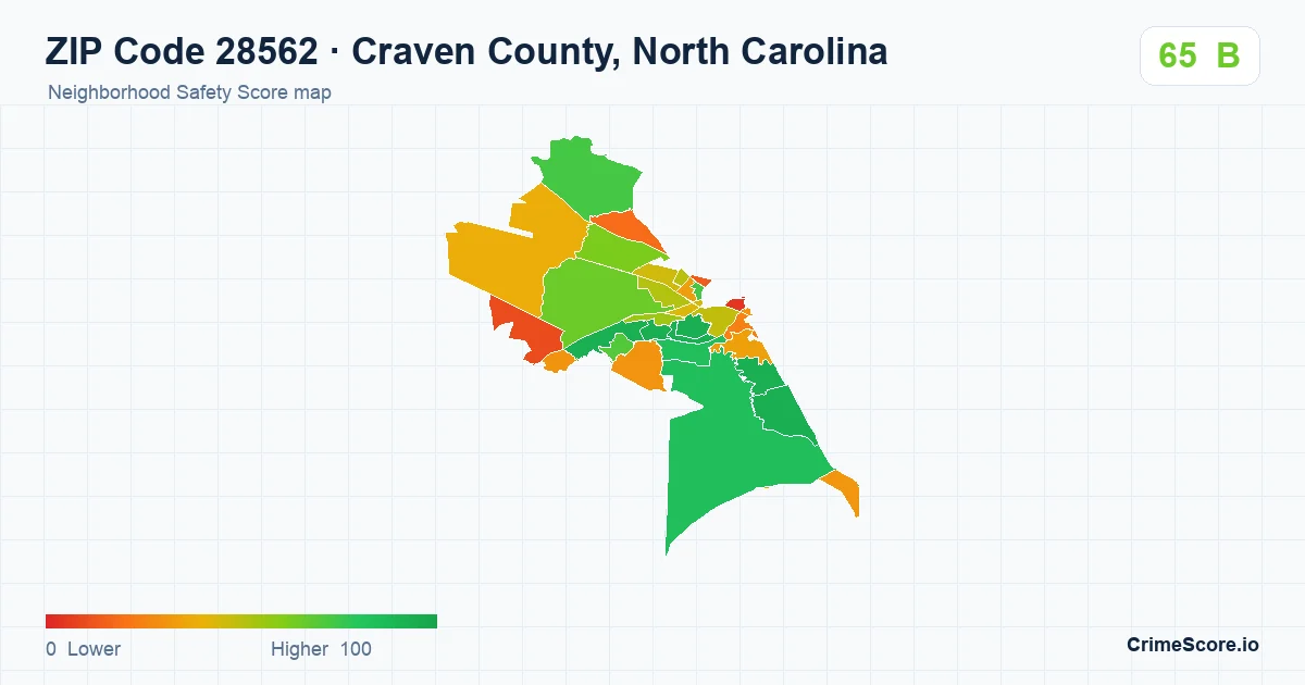 ZIP Code 28562 in Craven County, North Carolina neighborhood Safety Score map
