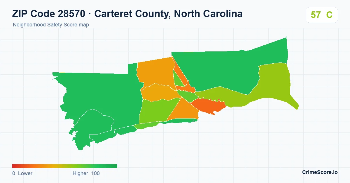 ZIP Code 28570 in Carteret County, North Carolina neighborhood Safety Score map
