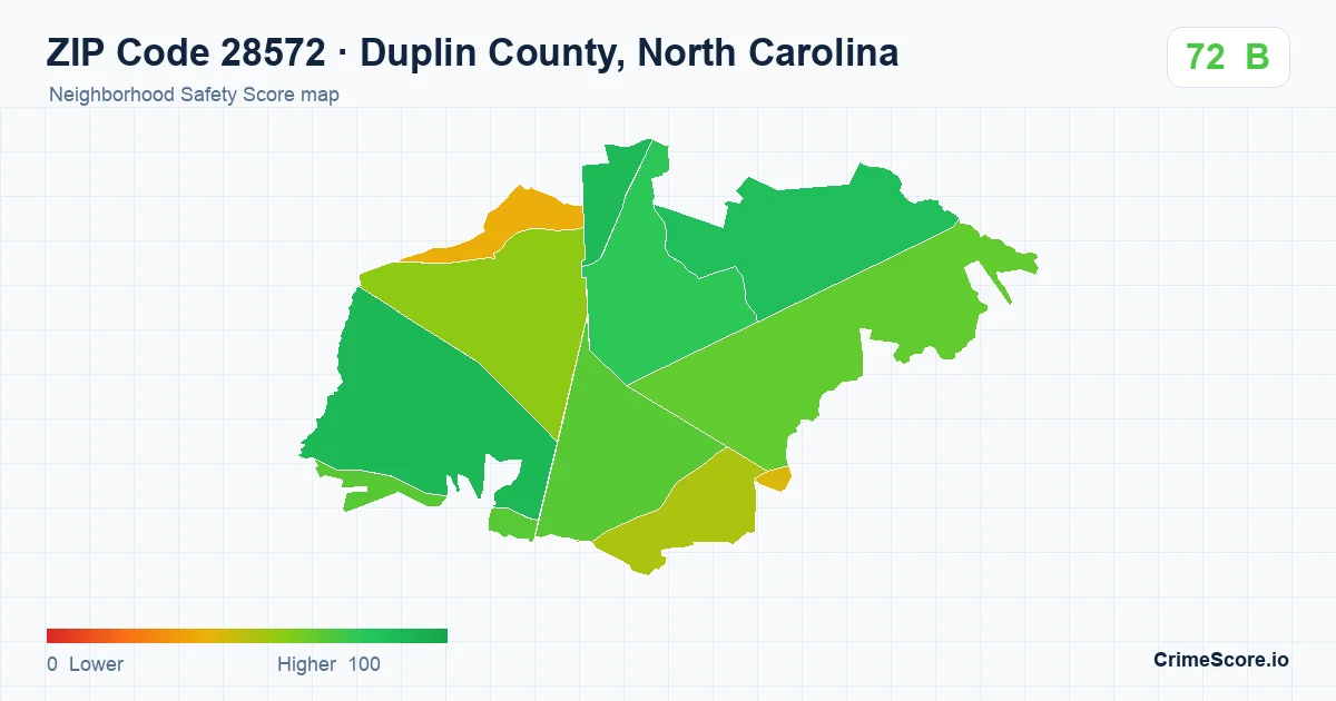 ZIP Code 28572 in Duplin County, North Carolina neighborhood Safety Score map