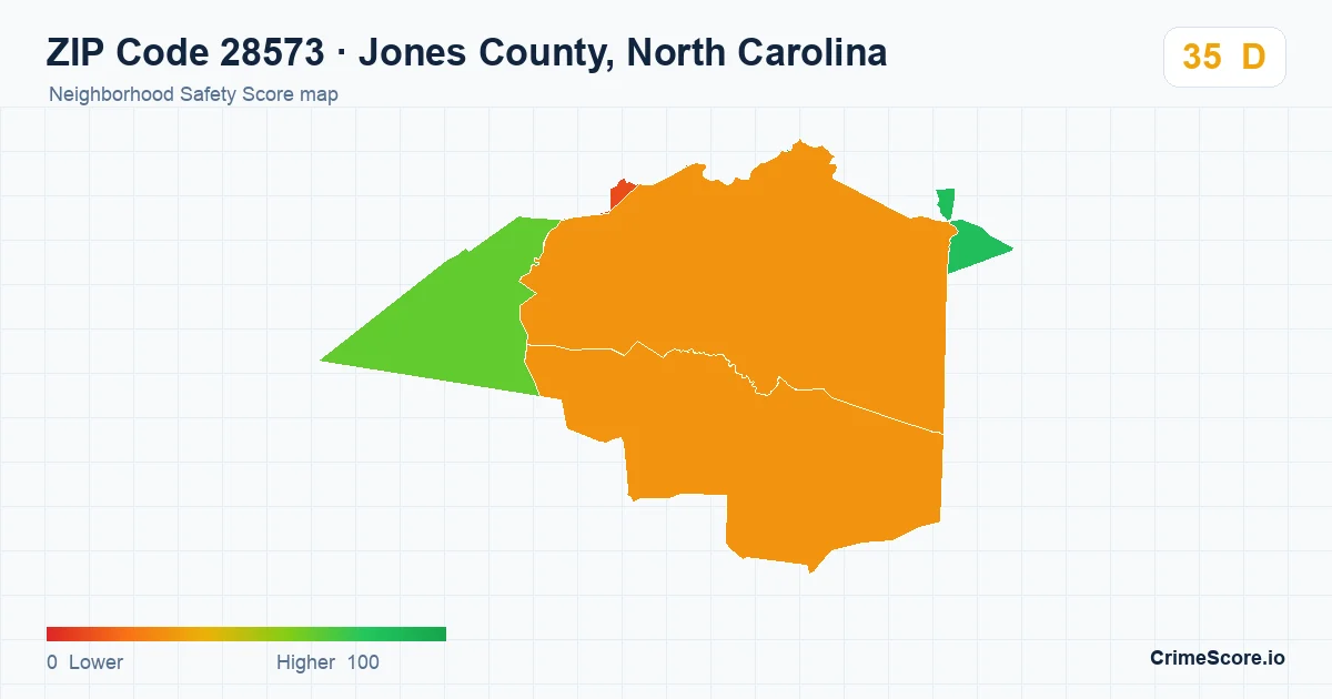 ZIP Code 28573 in Jones County, North Carolina neighborhood Safety Score map