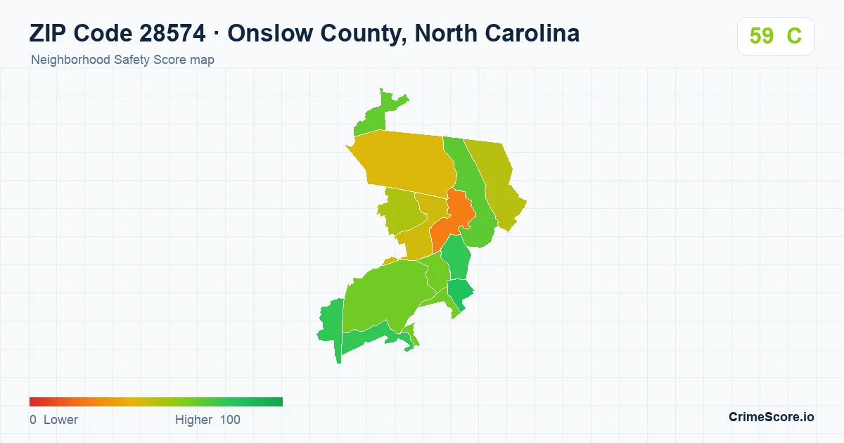 ZIP Code 28574 in Onslow County, North Carolina neighborhood Safety Score map