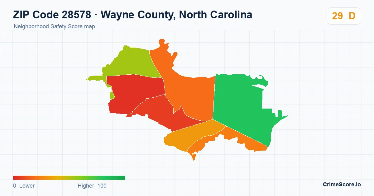ZIP Code 28578 in Wayne County, North Carolina neighborhood Safety Score map