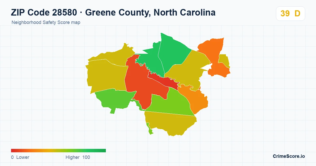 ZIP Code 28580 in Greene County, North Carolina neighborhood Safety Score map