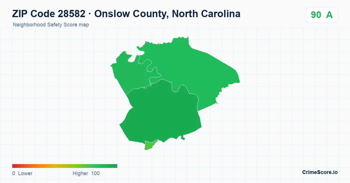 ZIP Code 28582 in Onslow County, North Carolina neighborhood Safety Score map
