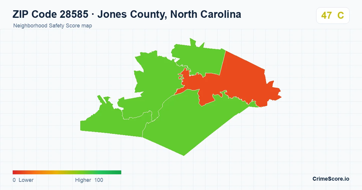 ZIP Code 28585 in Jones County, North Carolina neighborhood Safety Score map