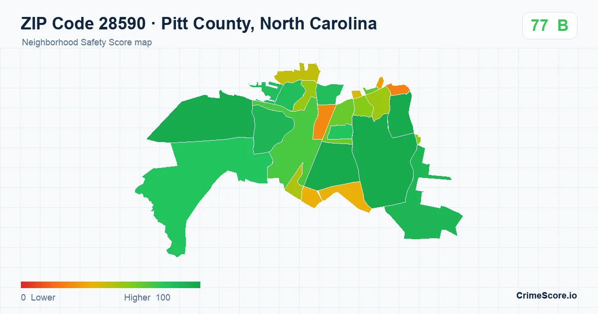 ZIP Code 28590 in Pitt County, North Carolina neighborhood Safety Score map