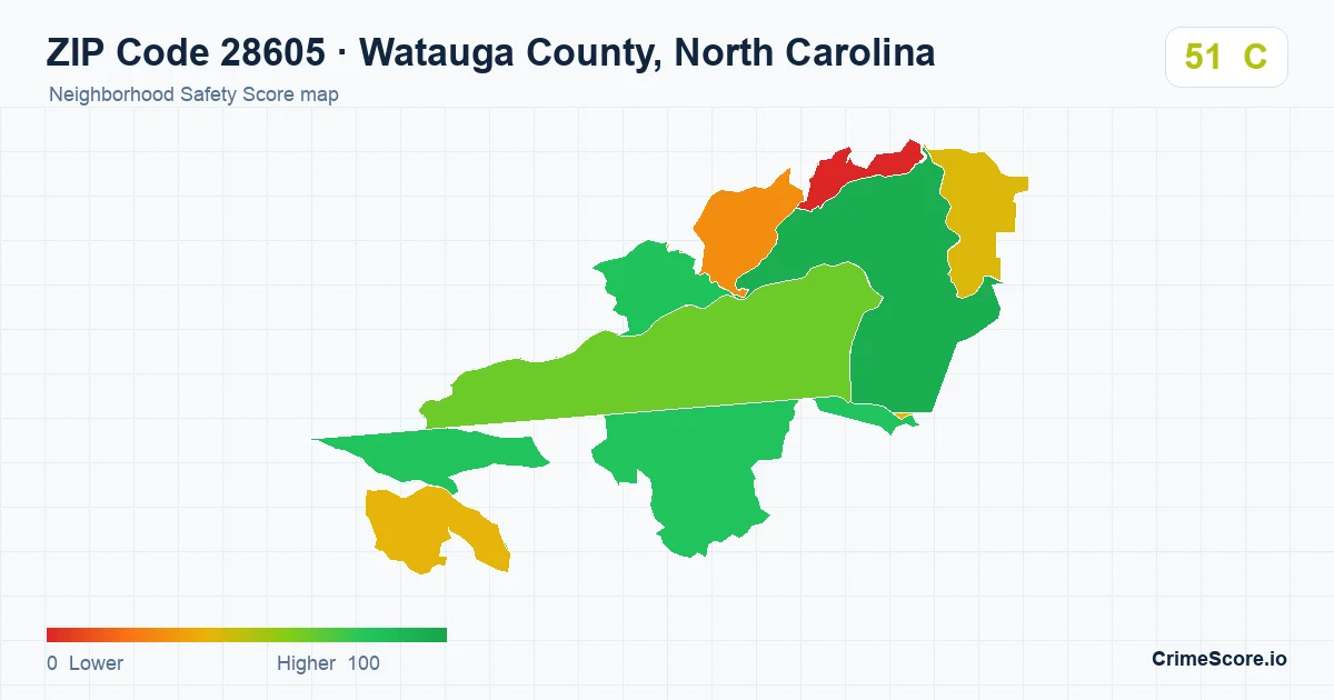 ZIP Code 28605 in Watauga County, North Carolina neighborhood Safety Score map