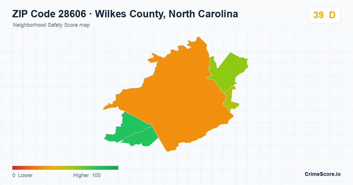 ZIP Code 28606 in Wilkes County, North Carolina neighborhood Safety Score map
