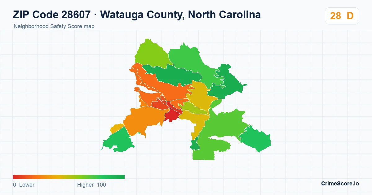 ZIP Code 28607 in Watauga County, North Carolina neighborhood Safety Score map