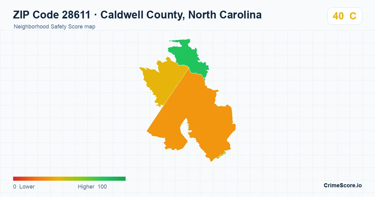 ZIP Code 28611 in Caldwell County, North Carolina neighborhood Safety Score map