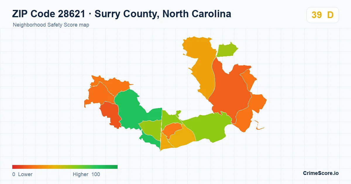 ZIP Code 28621 in Surry County, North Carolina neighborhood Safety Score map