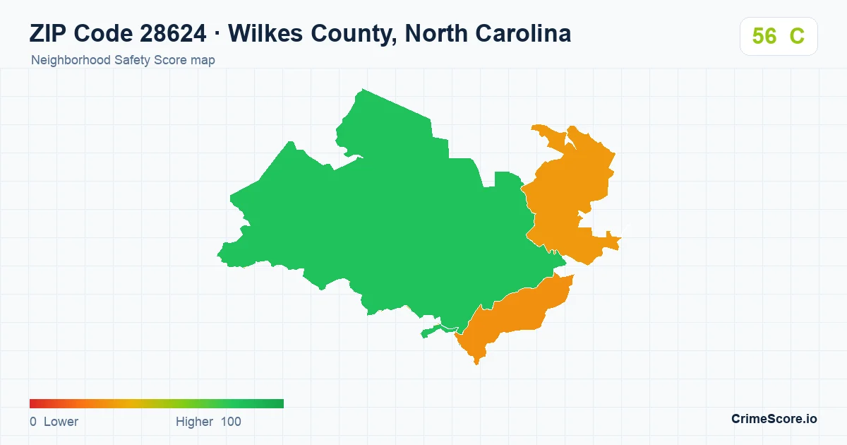 ZIP Code 28624 in Wilkes County, North Carolina neighborhood Safety Score map