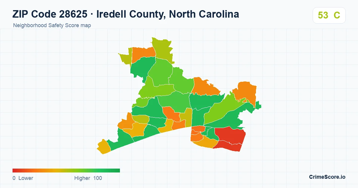 ZIP Code 28625 in Iredell County, North Carolina neighborhood Safety Score map