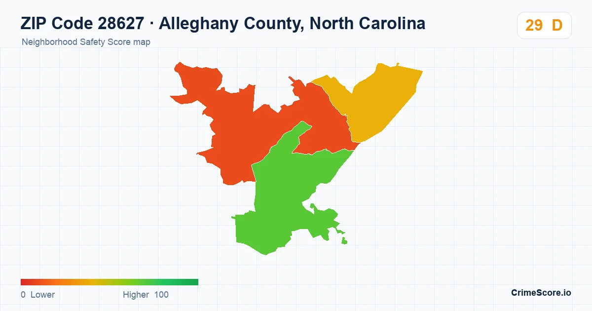 ZIP Code 28627 in Alleghany County, North Carolina neighborhood Safety Score map