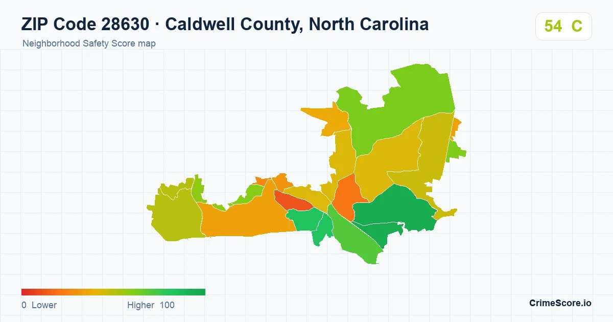 ZIP Code 28630 in Caldwell County, North Carolina neighborhood Safety Score map