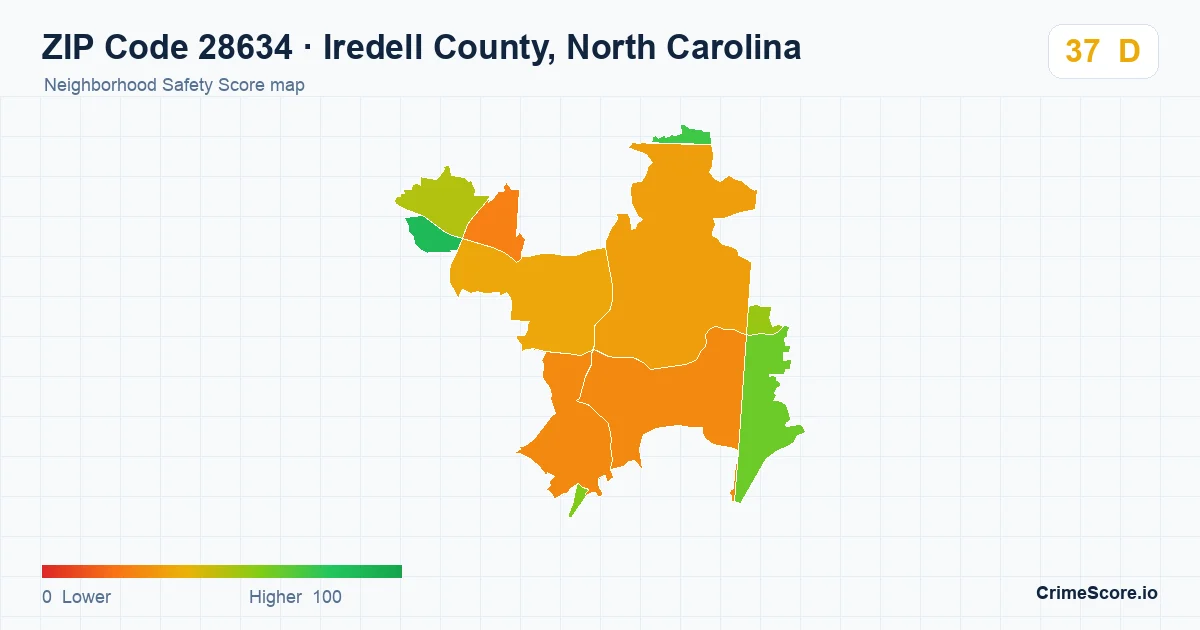 ZIP Code 28634 in Iredell County, North Carolina neighborhood Safety Score map