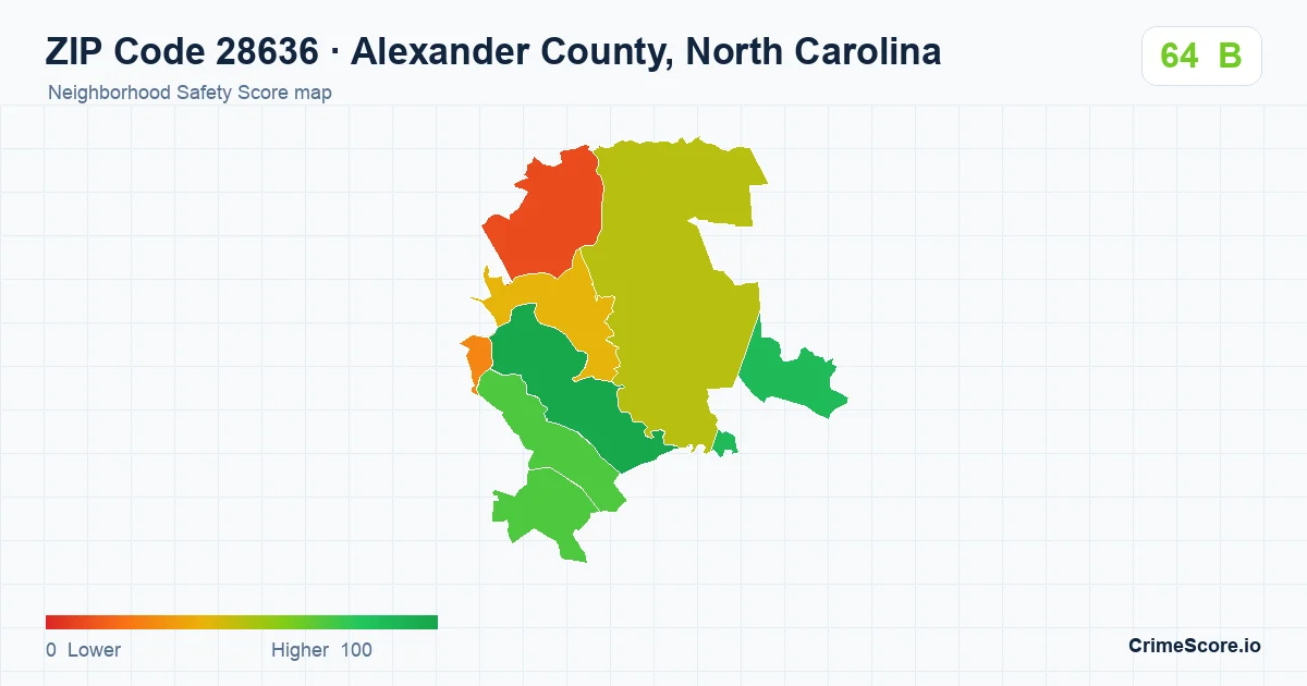 ZIP Code 28636 in Alexander County, North Carolina neighborhood Safety Score map