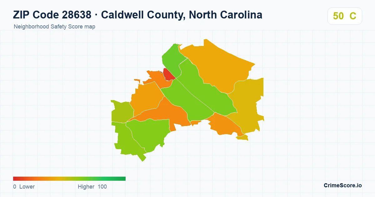 ZIP Code 28638 in Caldwell County, North Carolina neighborhood Safety Score map