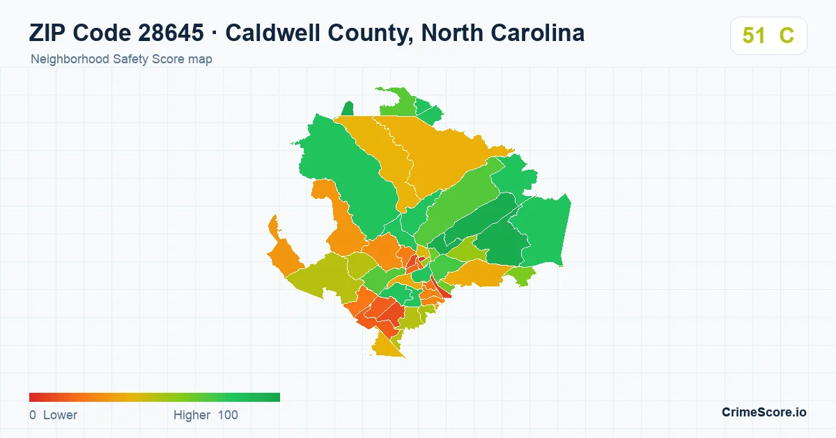 ZIP Code 28645 in Caldwell County, North Carolina neighborhood Safety Score map