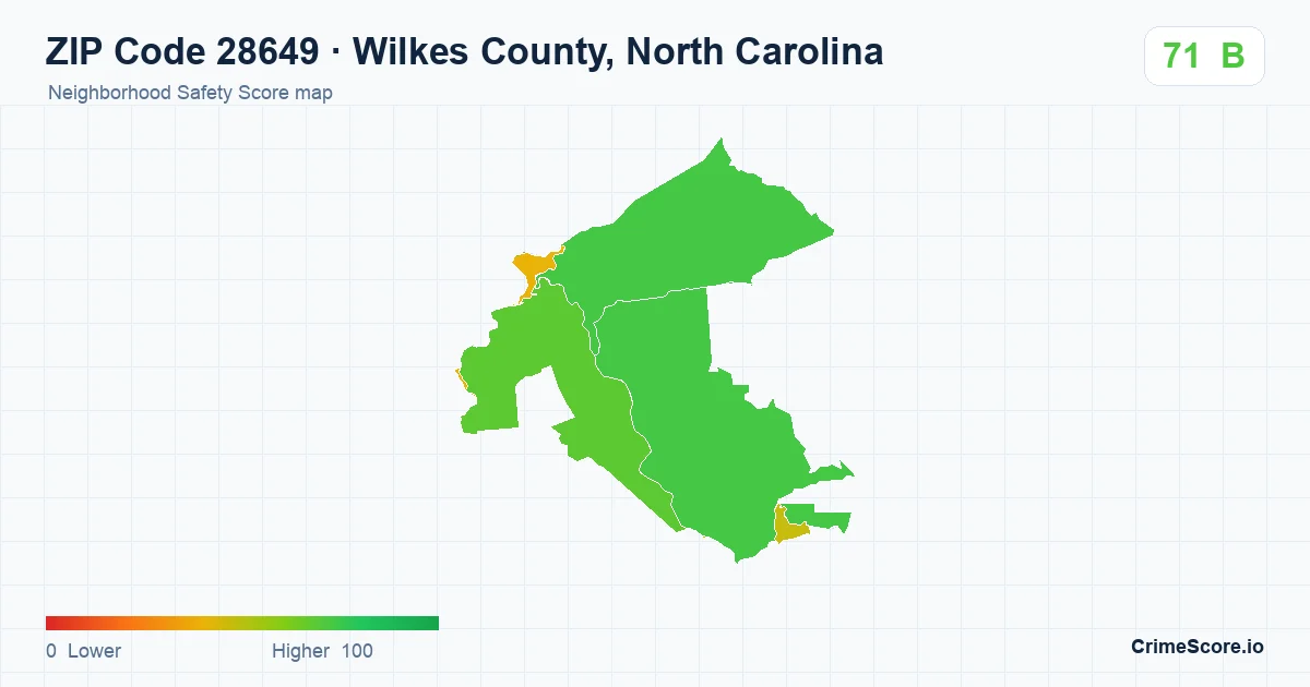 ZIP Code 28649 in Wilkes County, North Carolina neighborhood Safety Score map