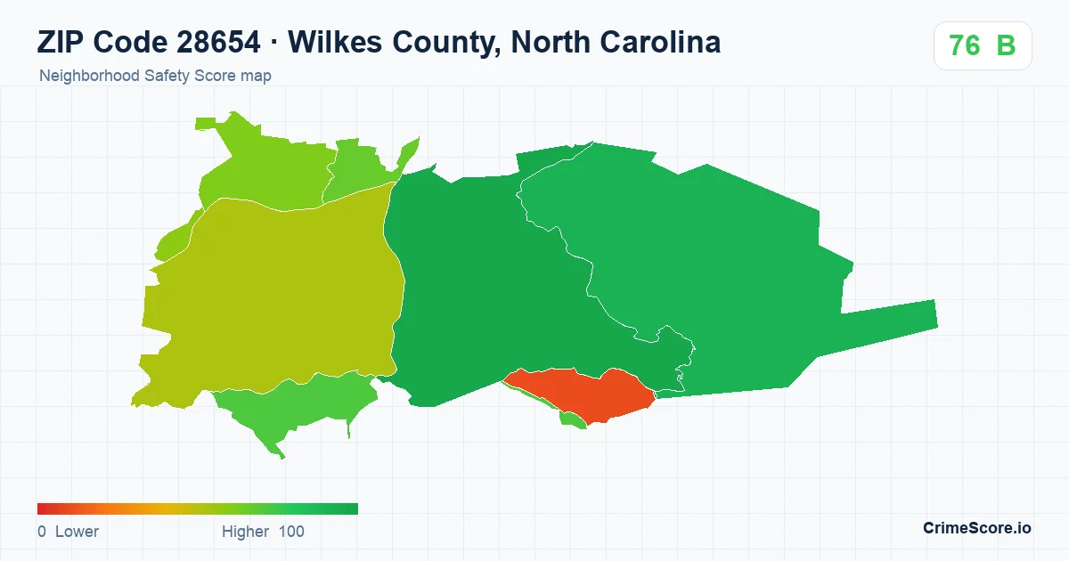 ZIP Code 28654 in Wilkes County, North Carolina neighborhood Safety Score map
