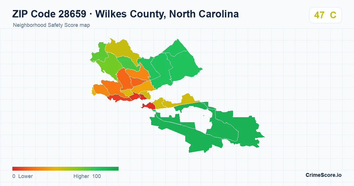 ZIP Code 28659 in Wilkes County, North Carolina neighborhood Safety Score map