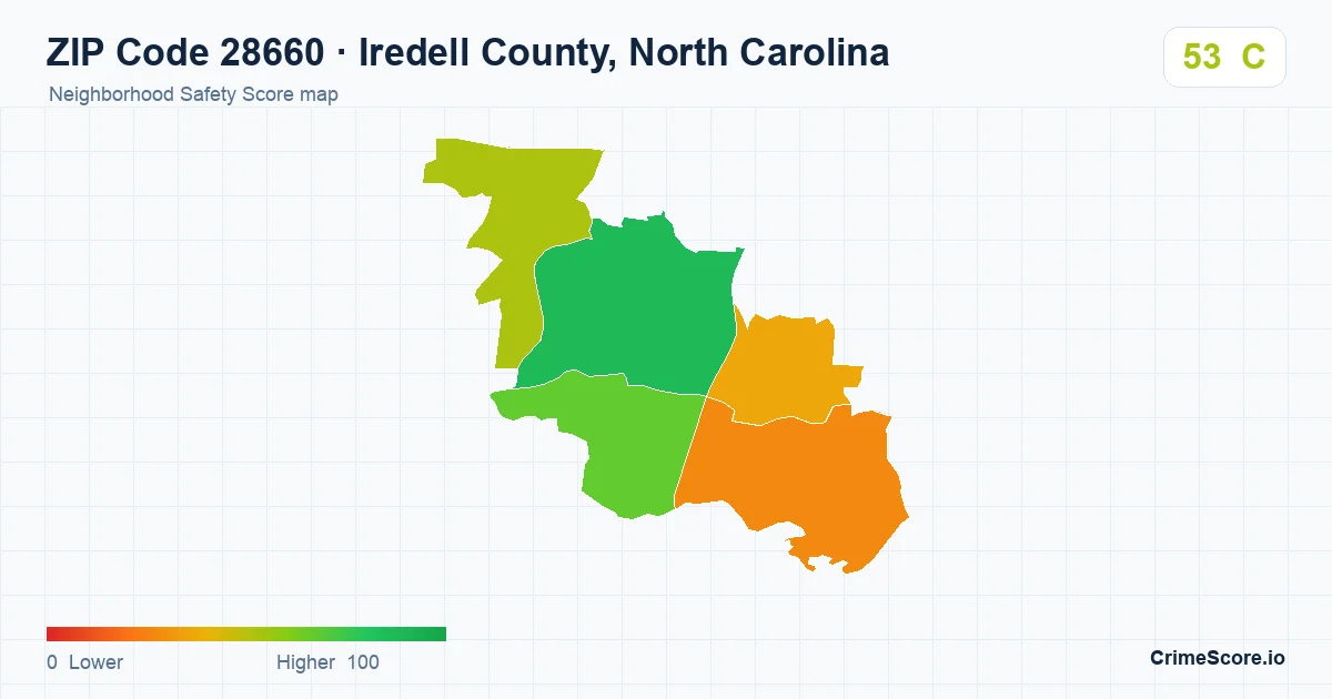 ZIP Code 28660 in Iredell County, North Carolina neighborhood Safety Score map