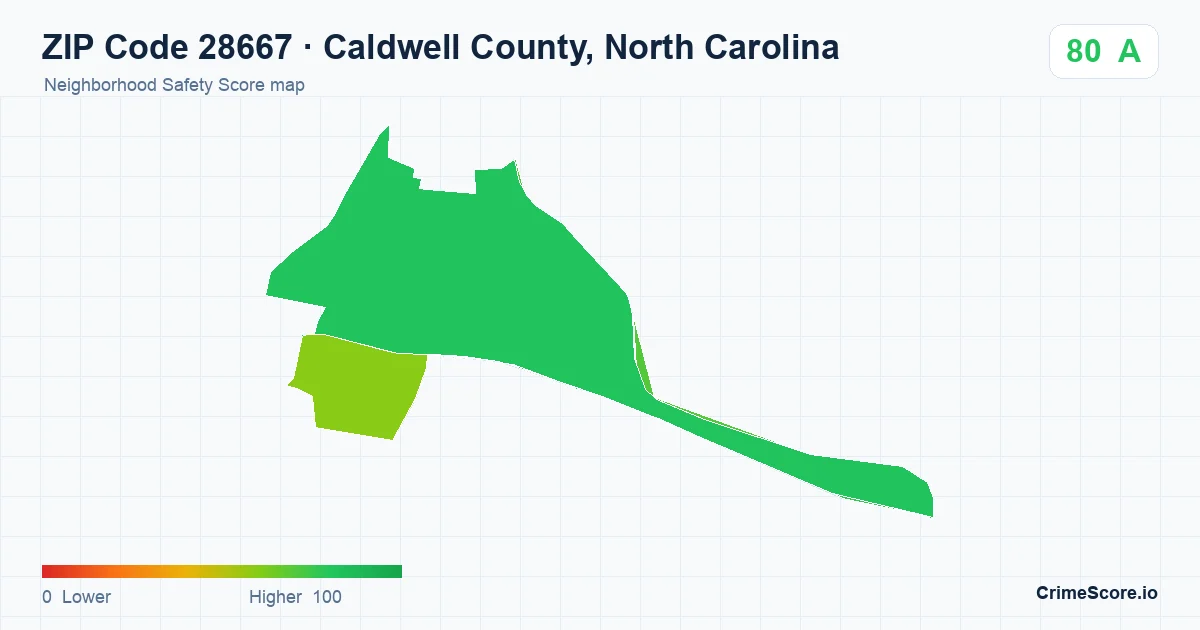 ZIP Code 28667 in Caldwell County, North Carolina neighborhood Safety Score map