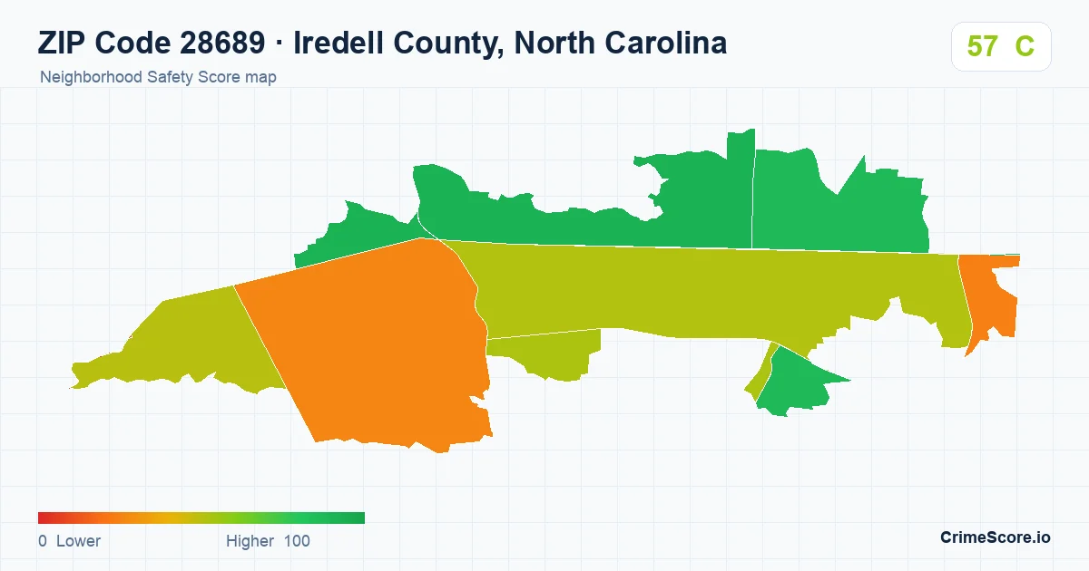 ZIP Code 28689 in Iredell County, North Carolina neighborhood Safety Score map