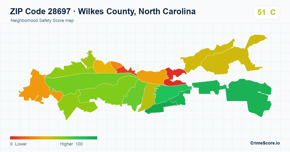 ZIP Code 28697 in Wilkes County, North Carolina neighborhood Safety Score map