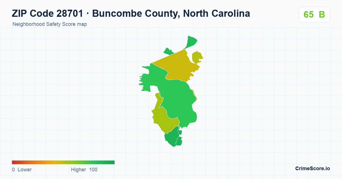 ZIP Code 28701 in Buncombe County, North Carolina neighborhood Safety Score map