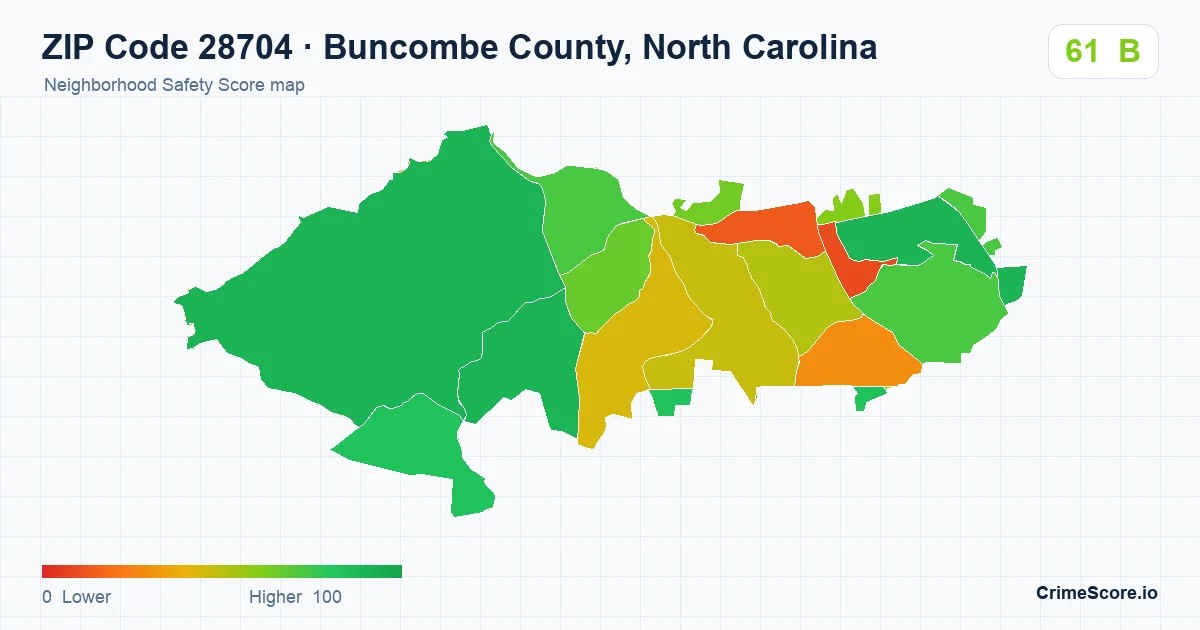 ZIP Code 28704 in Buncombe County, North Carolina neighborhood Safety Score map