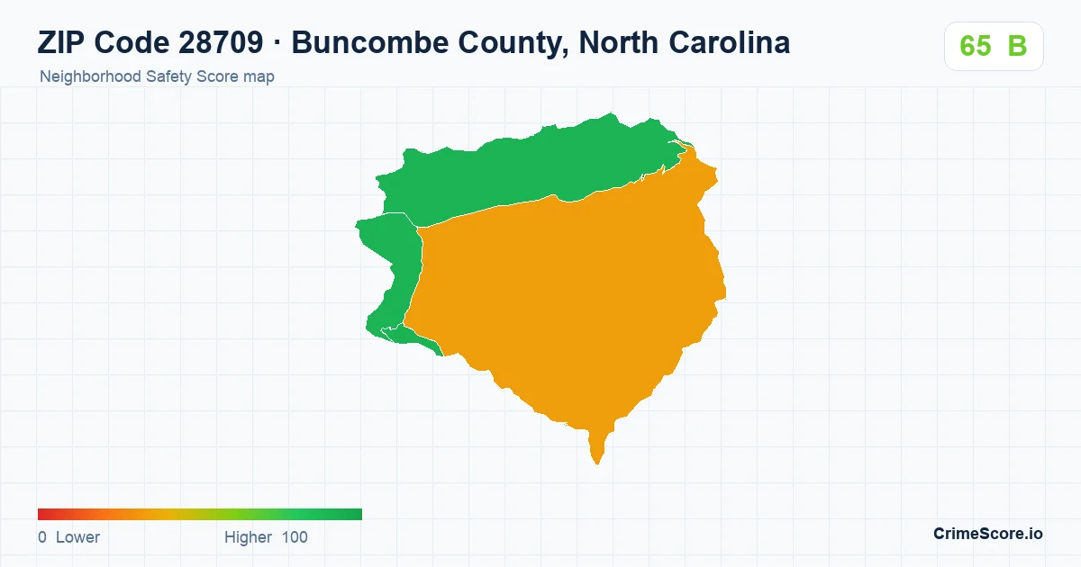 ZIP Code 28709 in Buncombe County, North Carolina neighborhood Safety Score map