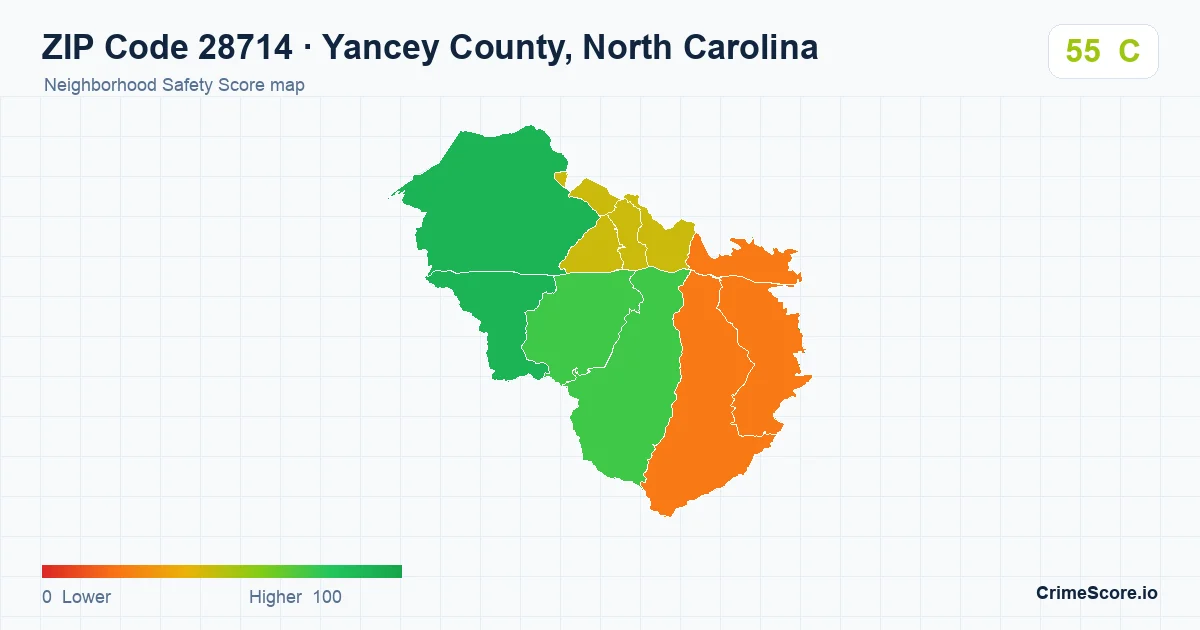 ZIP Code 28714 in Yancey County, North Carolina neighborhood Safety Score map