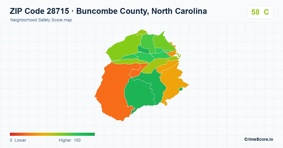 ZIP Code 28715 in Buncombe County, North Carolina neighborhood Safety Score map
