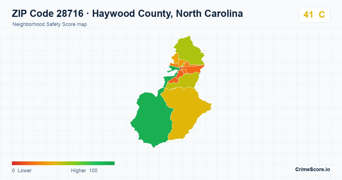 ZIP Code 28716 in Haywood County, North Carolina neighborhood Safety Score map
