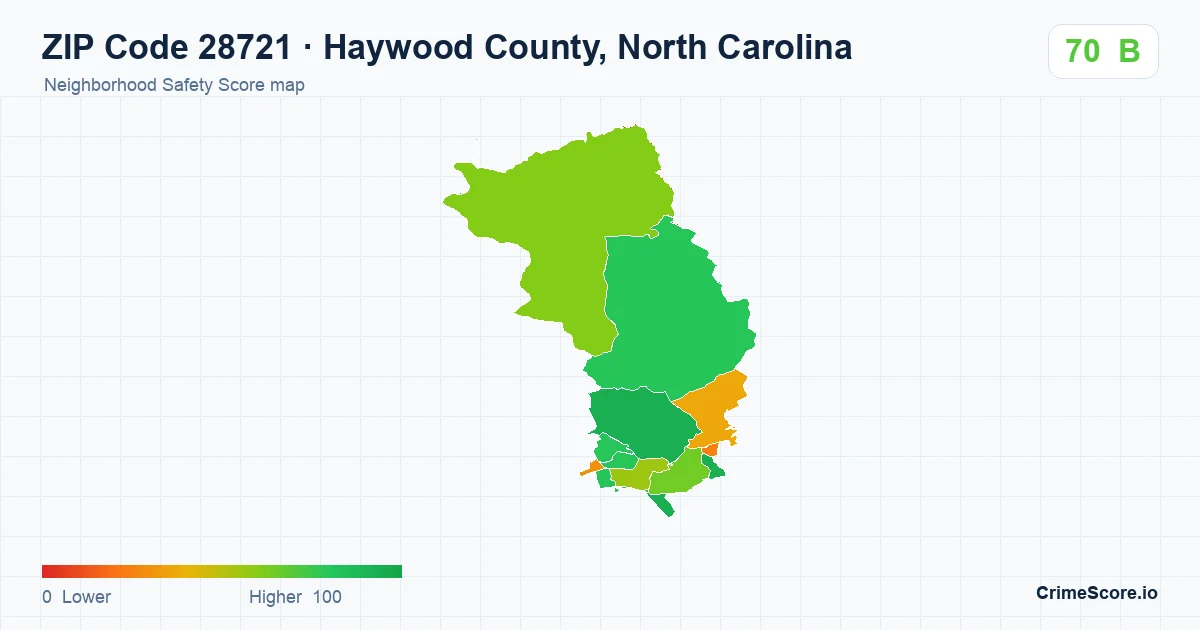 ZIP Code 28721 in Haywood County, North Carolina neighborhood Safety Score map