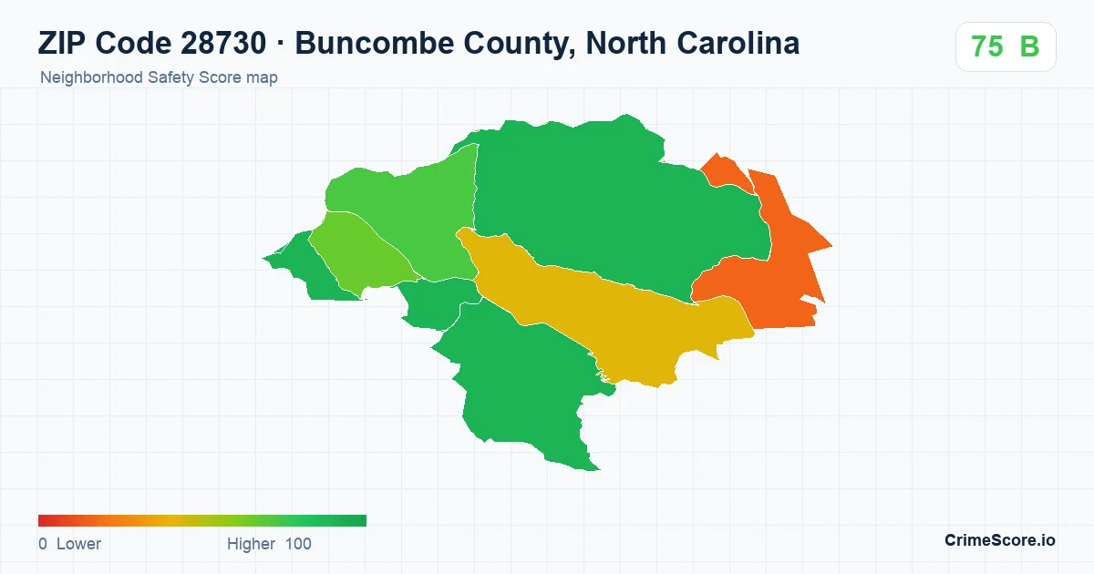 ZIP Code 28730 in Buncombe County, North Carolina neighborhood Safety Score map