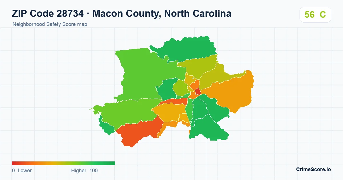 ZIP Code 28734 in Macon County, North Carolina neighborhood Safety Score map