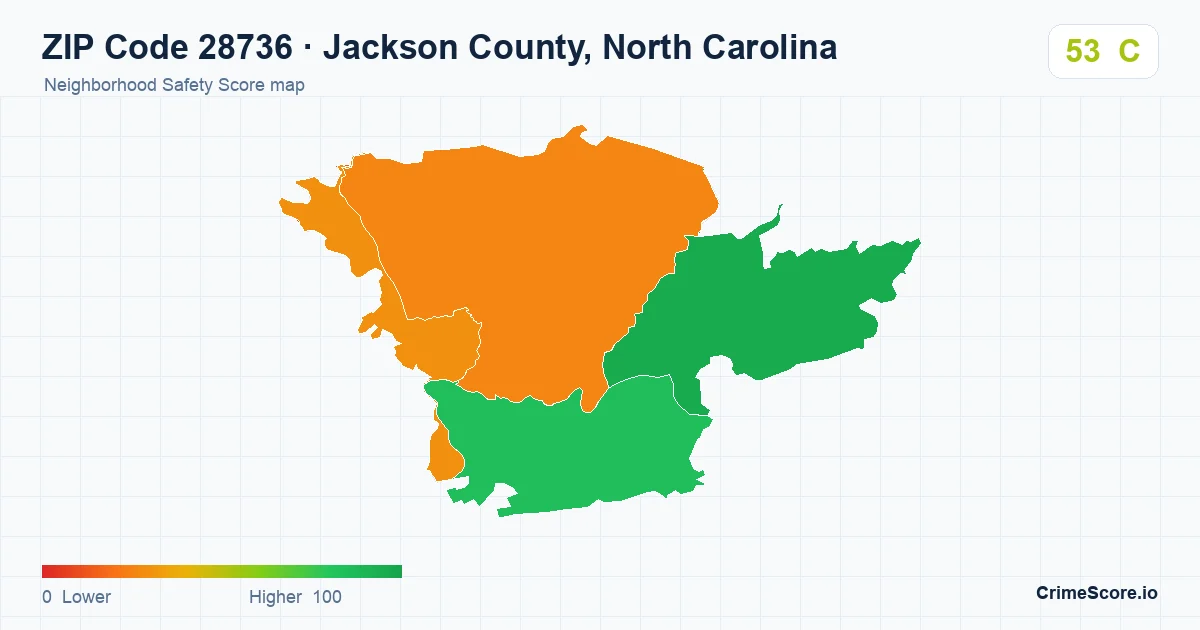ZIP Code 28736 in Jackson County, North Carolina neighborhood Safety Score map