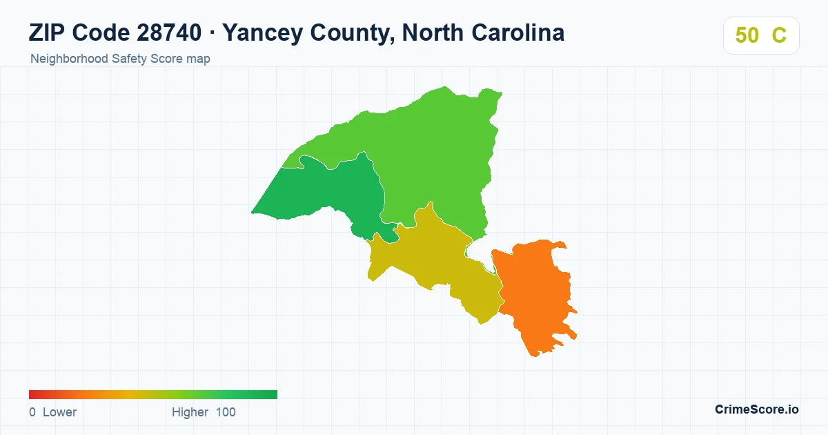 ZIP Code 28740 in Yancey County, North Carolina neighborhood Safety Score map