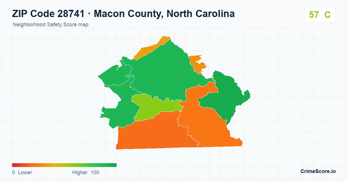 ZIP Code 28741 in Macon County, North Carolina neighborhood Safety Score map