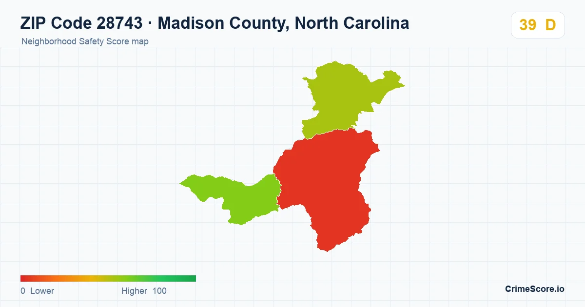 ZIP Code 28743 in Madison County, North Carolina neighborhood Safety Score map