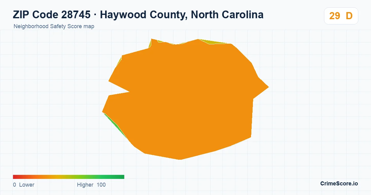 ZIP Code 28745 in Haywood County, North Carolina neighborhood Safety Score map